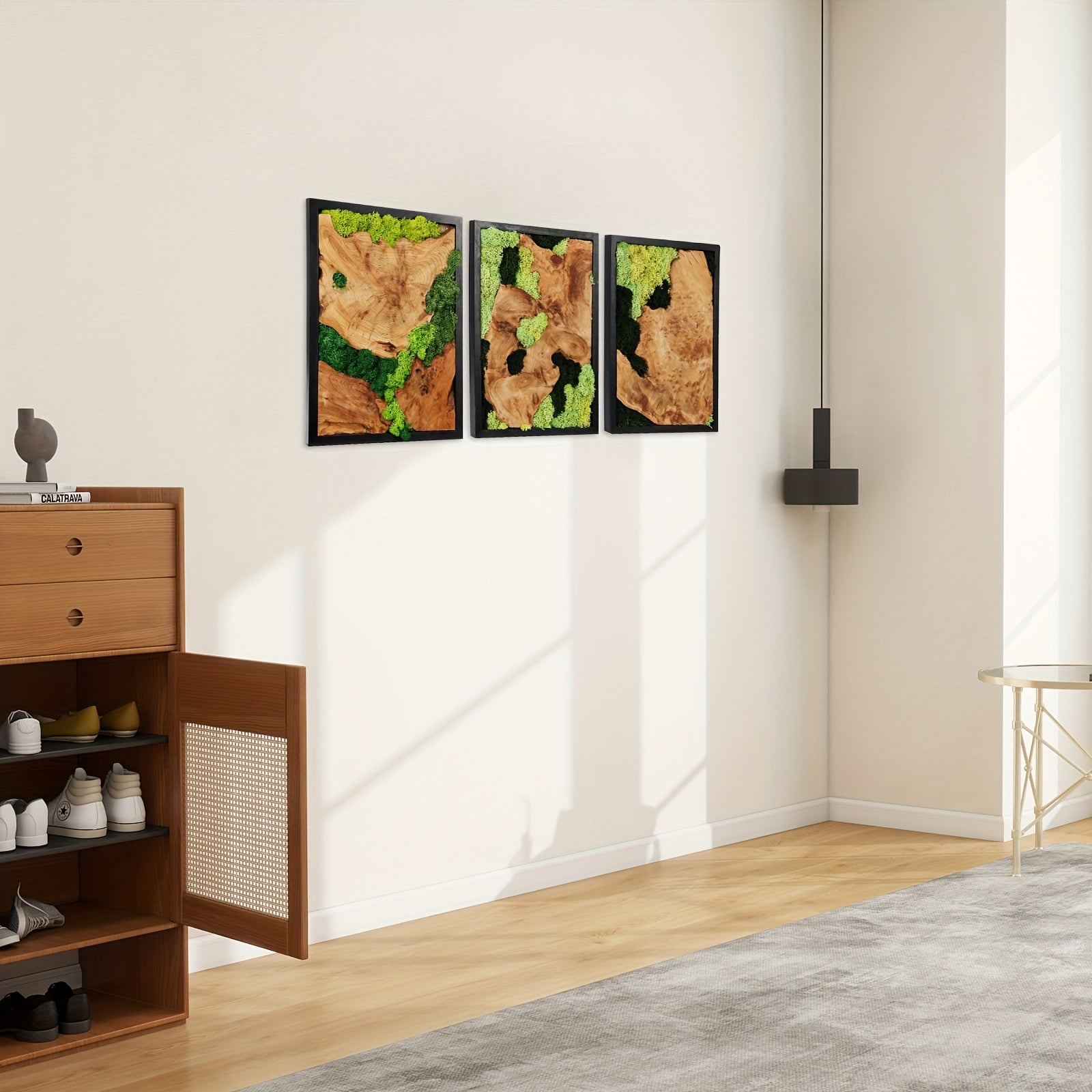 3pcs Preserved Moss Wall Art with Natural Wood, Featuring Unique Grain Patterns, Handcrafted Rustic Rectangular Decor, 12x16in, Ideal for Living Room, Bedroom, Or Office House Of Avana