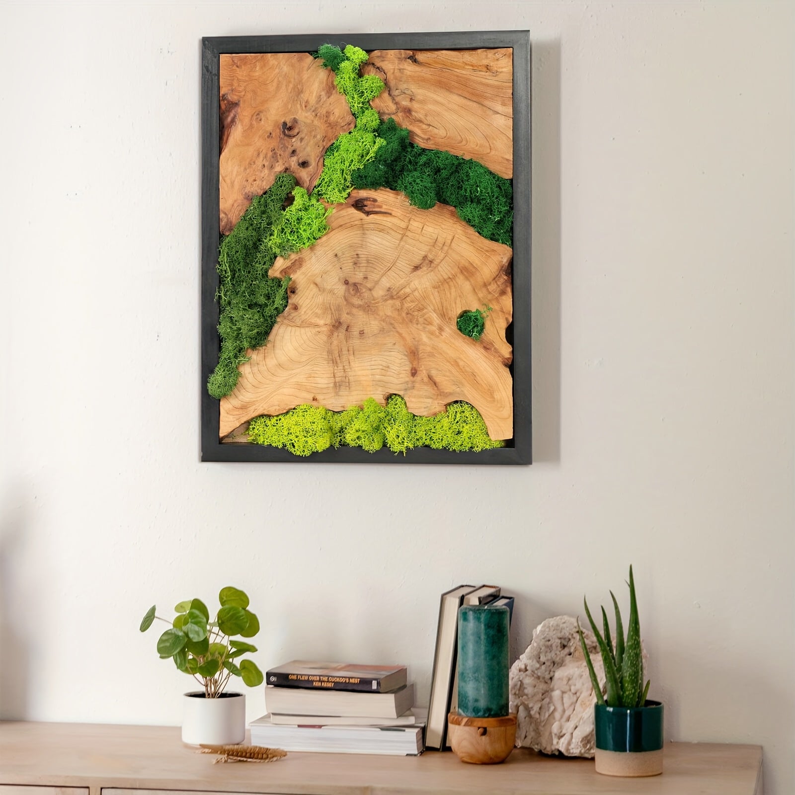3pcs Preserved Moss Wall Art with Natural Wood, Featuring Unique Grain Patterns, Handcrafted Rustic Rectangular Decor, 12x16in, Ideal for Living Room, Bedroom, Or Office House Of Avana