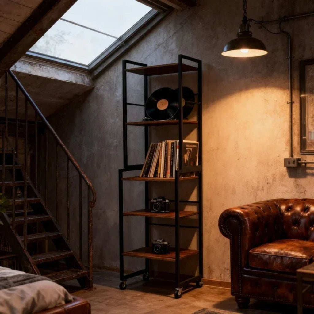 Cozy room with a bookshelf, leather chair, and skylight.