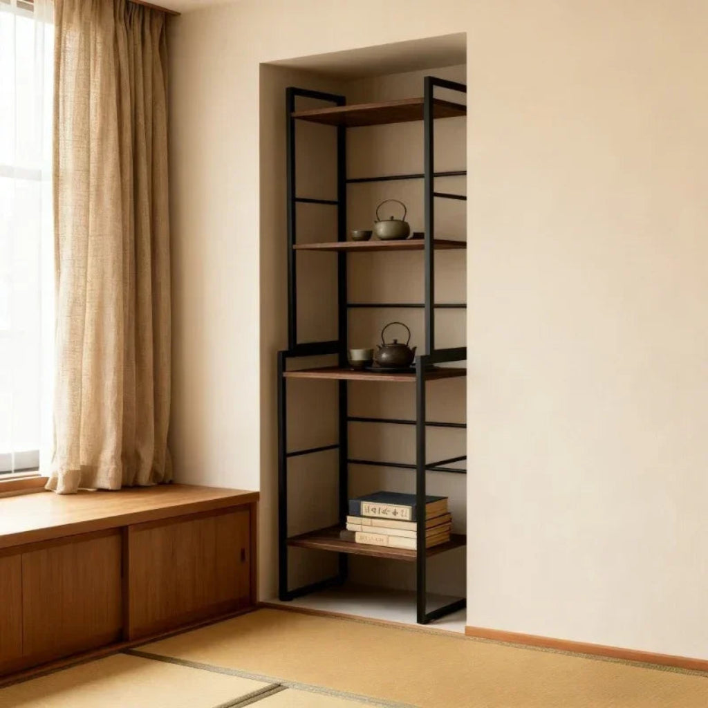 Bookshelf with decorative items in a room with a window and wooden floor.
