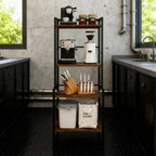 Kitchen shelf with coffee-making equipment and a 'Callbee' bag in a modern kitchen setting.
