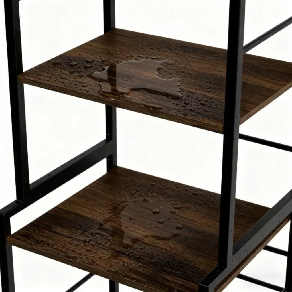 Wooden shelf with black metal frame on a white background