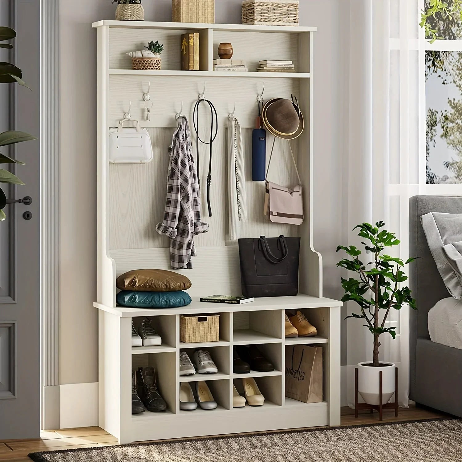 4-in-1 White Entryway Hall Tree with Bench & Storage - House of Avana