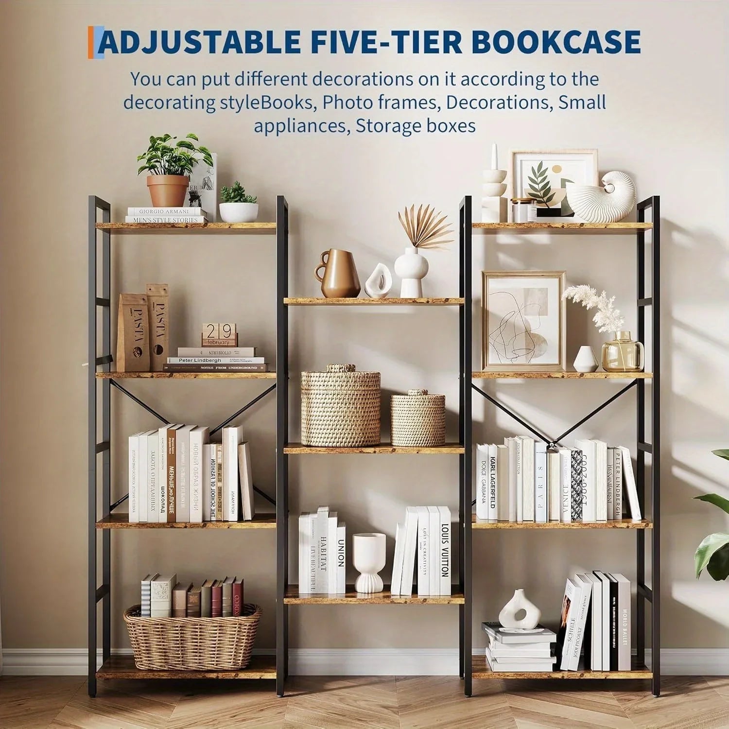 4-tier Industrial Bookshelf with Display Shelves - Freestanding Metal Frame, Modern Wide Bookcase for... - House Of Avana