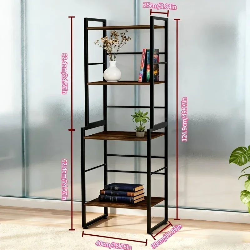 Four-tier industrial bookshelf with a black metal frame and dark wood shelves showing height and width dimensions.