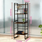 Four-tier industrial bookshelf with a black metal frame and dark wood shelves showing height and width dimensions.