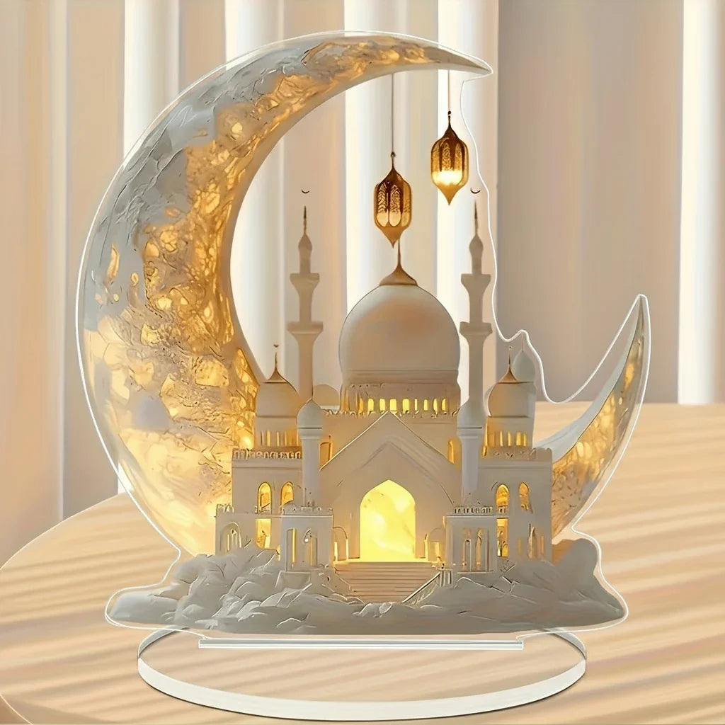 2D Flat, 1pc Elegant Bohemian Style Acrylic Decorative Plaque with Base - Crescent Moon & Islamic Architecture Design, Multifunctional Tabletop Ornament for Ramadan and Easter, Perfect for Home and Garden Decoration, Islamic House Of Avana