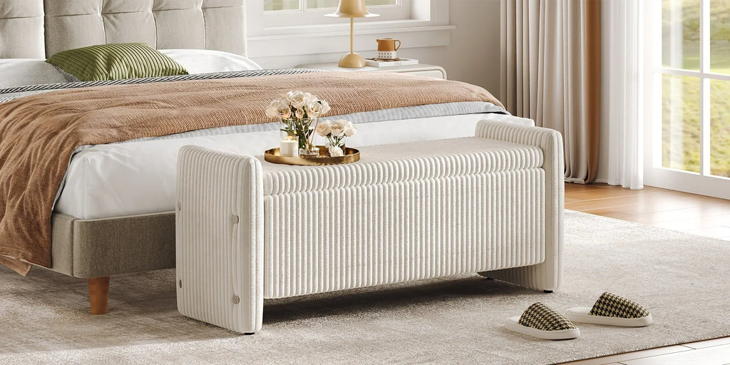 44" Velvet Shoe Changing Bench with Storage for Entryway, Supports Up to 600 Lbs, Sturdy Construction, Comfortable Modern Vertical Stripes Unique Design, Spacious Storage for Living Room And Bedroom, Bench Shoe Storage, Shoe House Of Avana