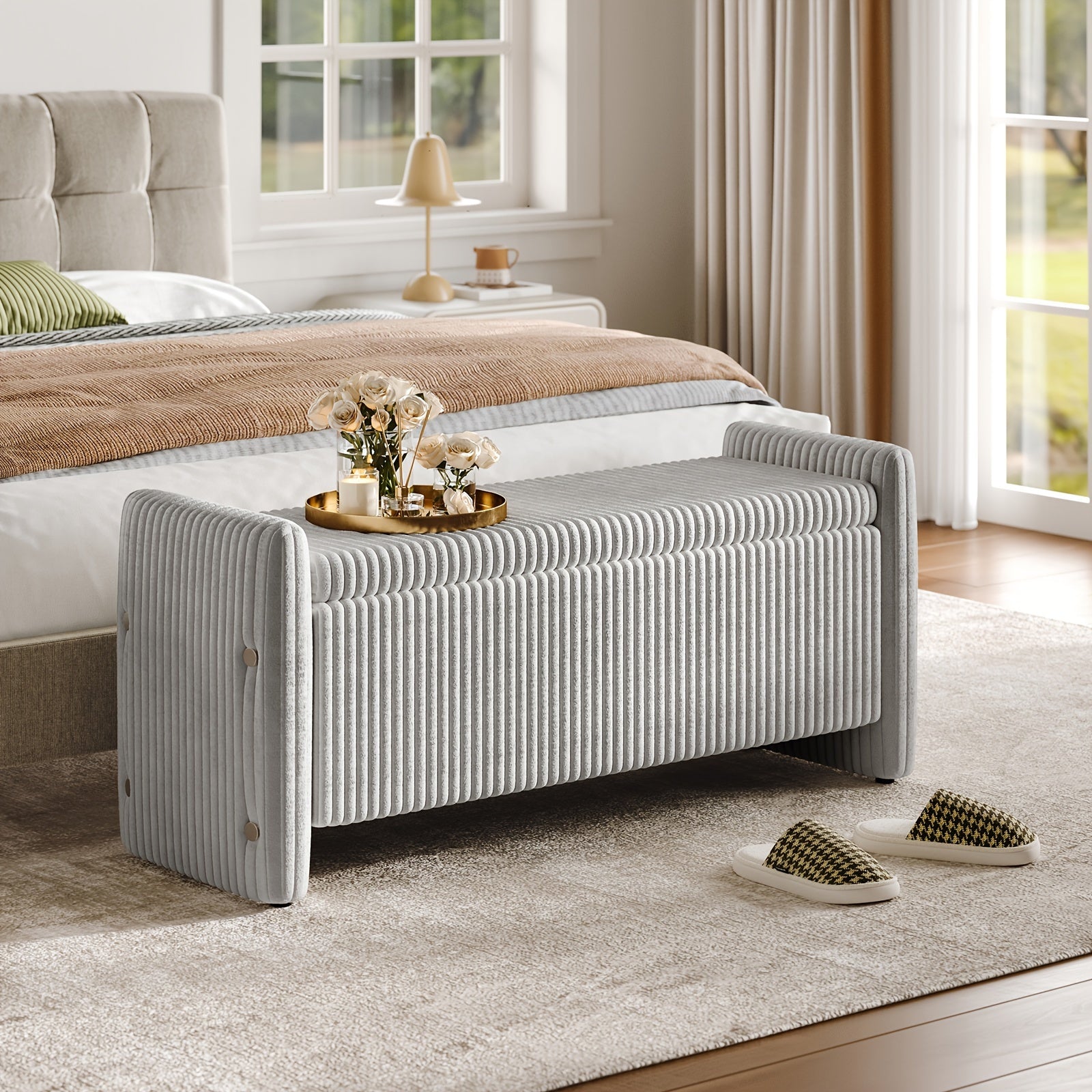 44" Velvet Shoe Changing Bench with Storage for Entryway, Supports Up to 600 Lbs, Sturdy Construction, Comfortable Modern Vertical Stripes Unique Design, Spacious Storage for Living Room And Bedroom, Bench Shoe Storage, Shoe House Of Avana