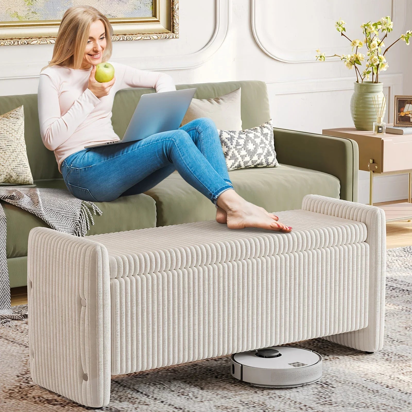 44" Velvet Shoe Changing Bench with Storage for Entryway, Supports Up to 600 Lbs, Sturdy Construction, Comfortable Modern Vertical Stripes Unique Design, Spacious Storage for Living Room And Bedroom, Bench Shoe Storage, Shoe House Of Avana