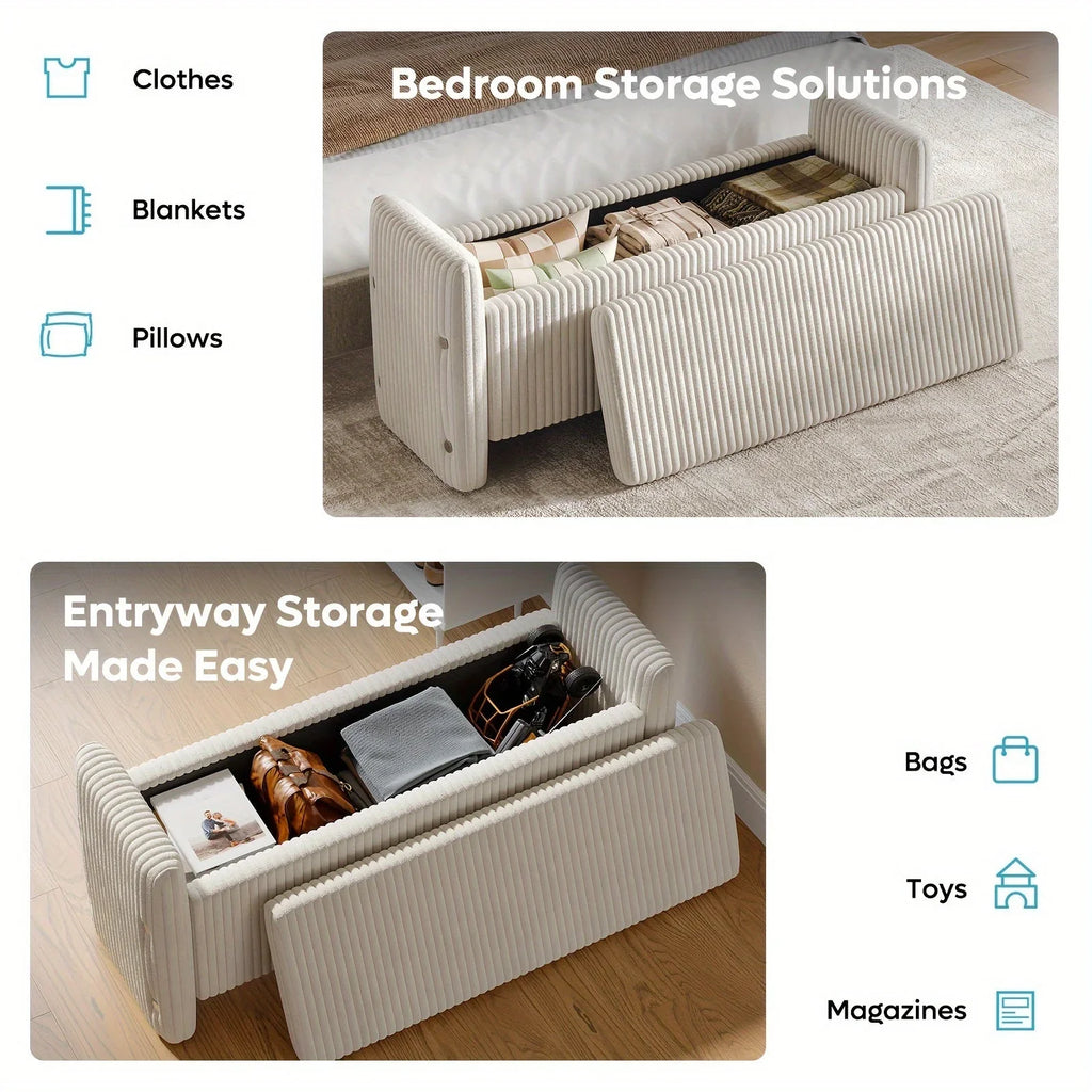 44" Velvet Shoe Changing Bench with Storage for Entryway, Supports Up to 600 Lbs, Sturdy Construction, Comfortable Modern Vertical Stripes Unique Design, Spacious Storage for Living Room And Bedroom, Bench Shoe Storage, Shoe House Of Avana