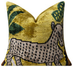 Handmade Silk Velvet Animal Motif Throw Pillow - 20x20, Vibrant Yellow with Green and Beige Design, Down Feather Insert Canvello
