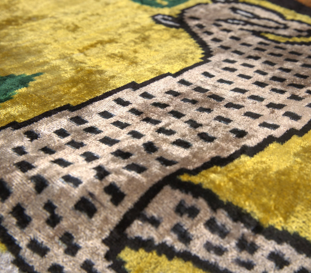 Handmade Silk Velvet Animal Motif Throw Pillow - 20x20, Vibrant Yellow with Green and Beige Design, Down Feather Insert Canvello