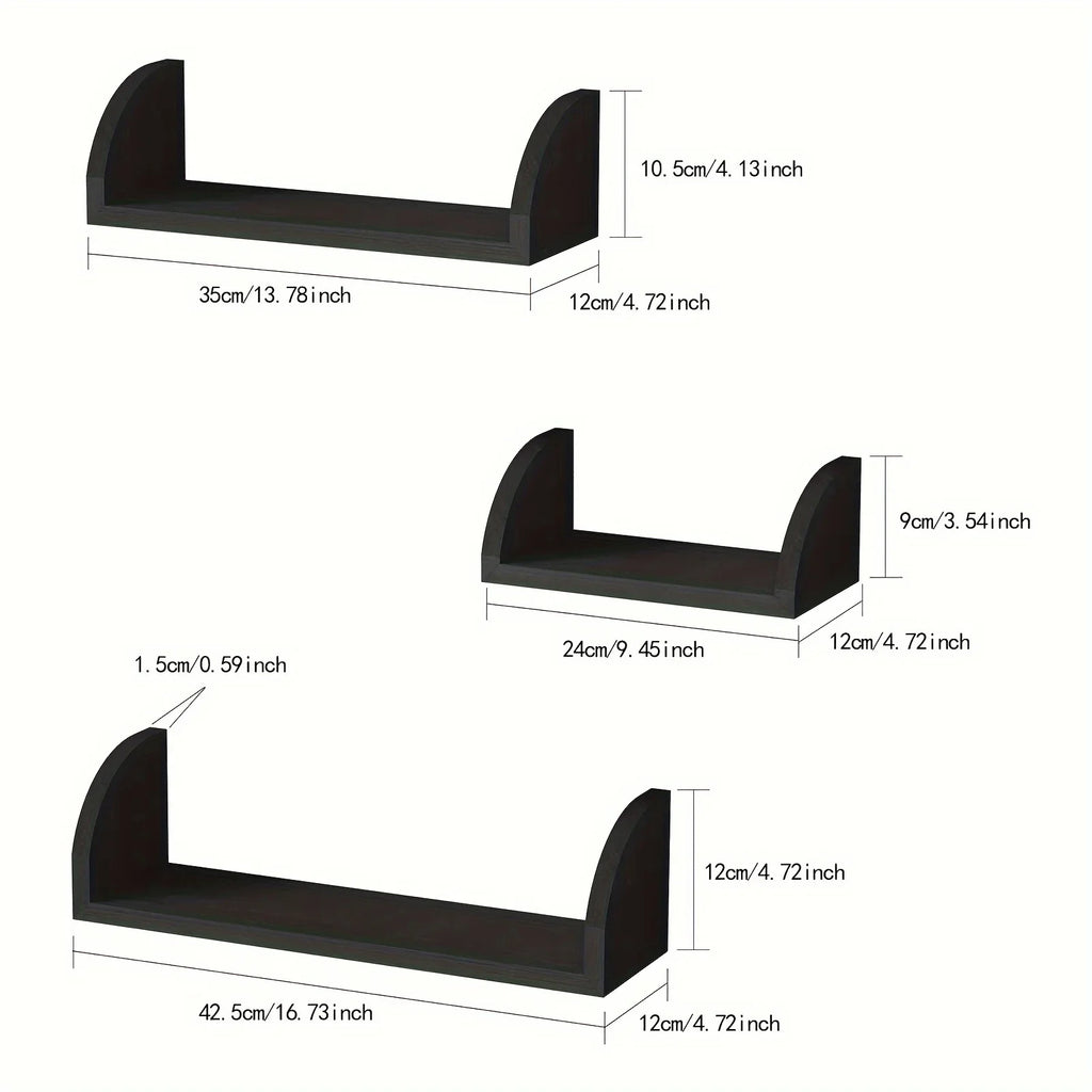 Floating Shelves Wall Mounted, Solid Wood Shelves Wall Bookshelves Set Of 3 For Bedroom, Living Room, Bathroom, Kitchen - Black House Of Avana