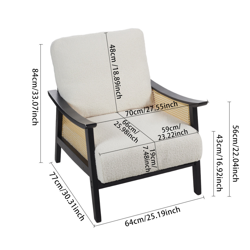 White Single Leisure Sofa, Rattan Decorative Armrest Upholstered Boucle Fabric Wingback Armchair with Padded Seat for Living Room Lounge Sofa Meeting Visitor Chair Cozy Chair for Bedroom Home Office House Of Avana
