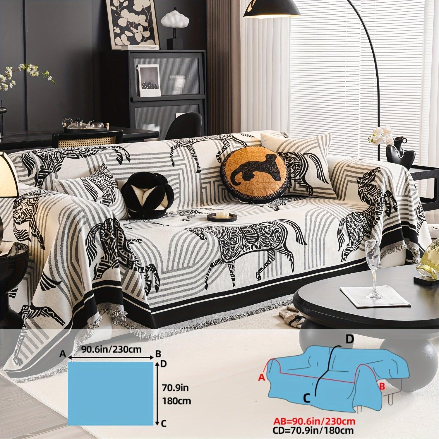 Luxurious Chenille Horse Design Sofa Cover Decor in Orange & Green topspet