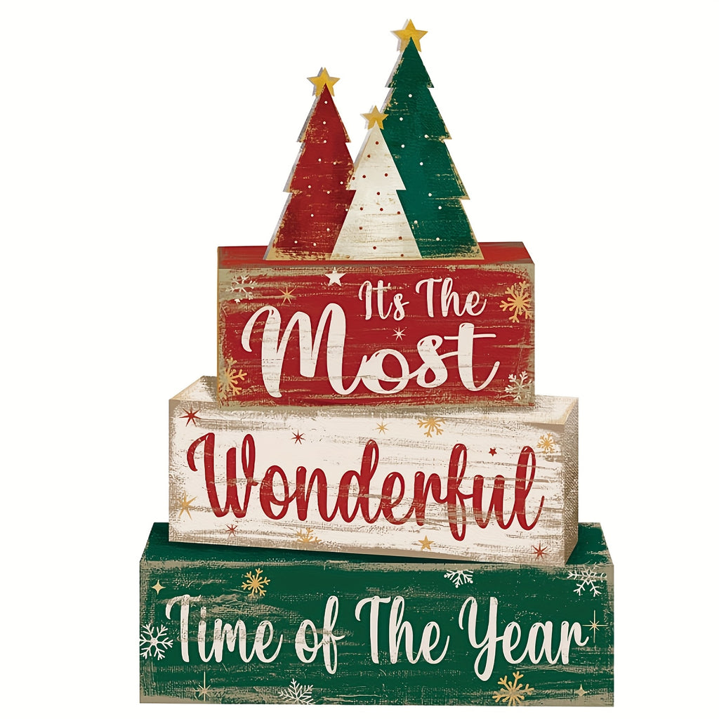 4pcs Christmas Table Centerpiece Christmas Tree, "Happy New Year" In English, Christmas Tiered Tray Decoration Set, Wooden Signs, Rustic Cute Tabletop Decor, Holiday Home Accessories, Suitable For Dining Tables, Fireplaces, C House Of Avana