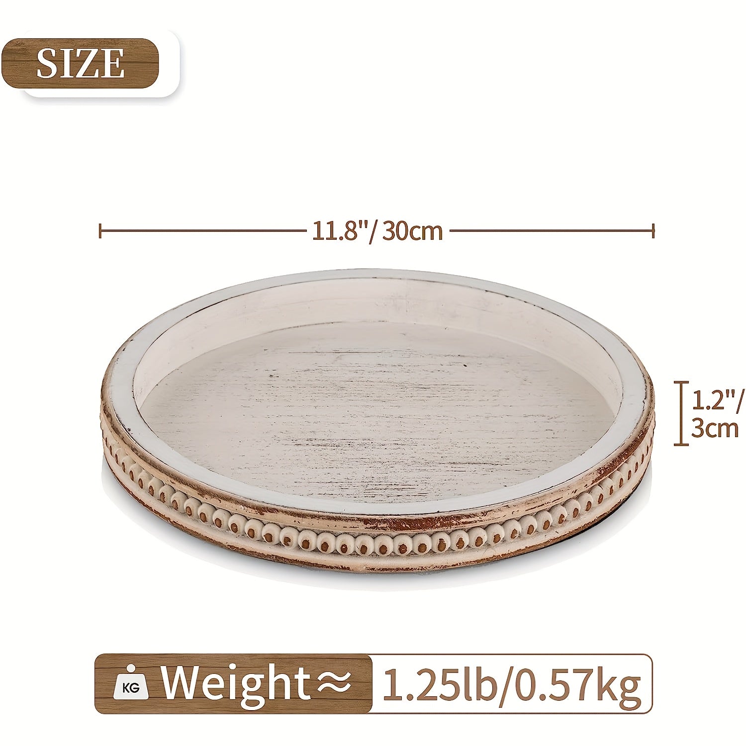1pc Decorative Trays Decorative Serving Tray Wood: White Washed Bead Round Tray Decor for Coffee Table Rustic Wooden Trays Farmhouse Centerpiece for Living Room Kitchen Counter Wedding Christmas Halloween, Decoration Tray, Ro House Of Avana