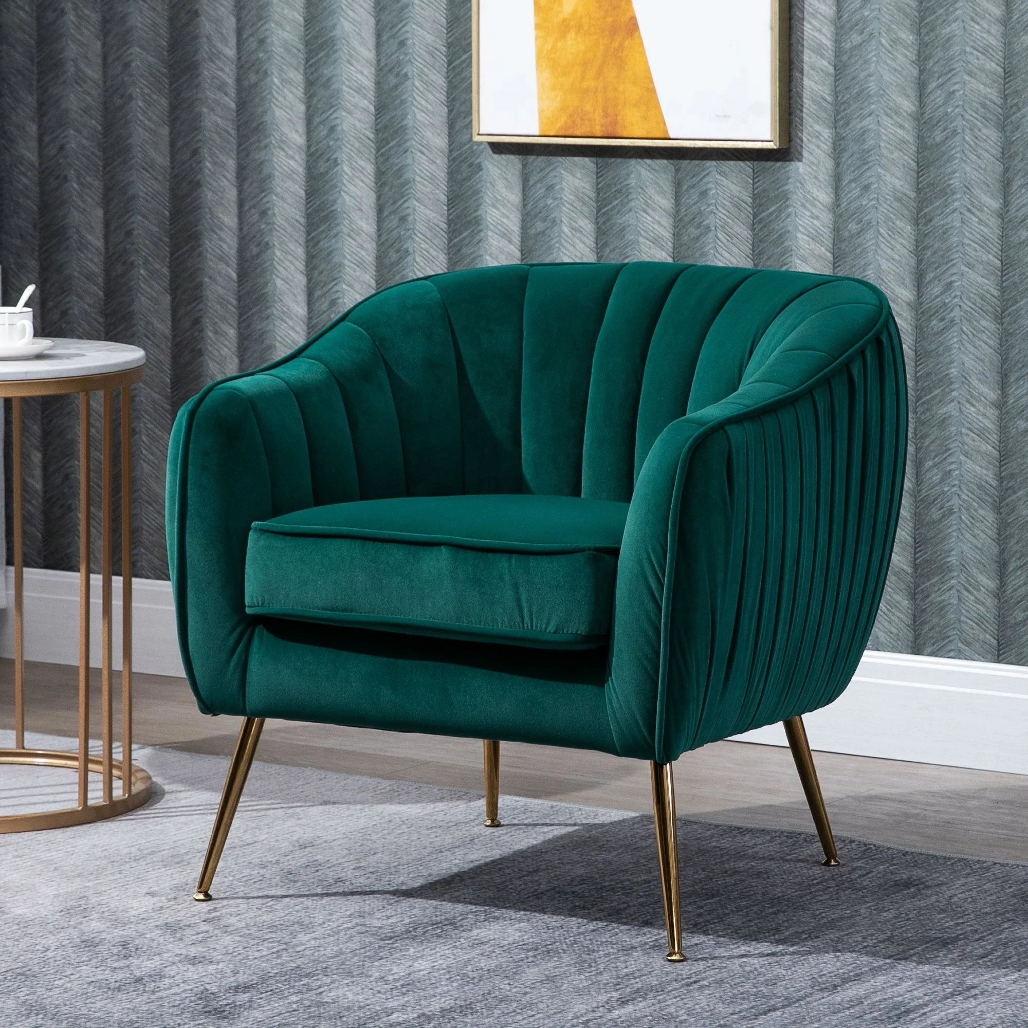 Velvet Tub chair, Luxury Accent Chair with Golden Metal Leg, Comfy Upholstered Armchair with Thick Padded Seat for Living Room, Green House Of Avana