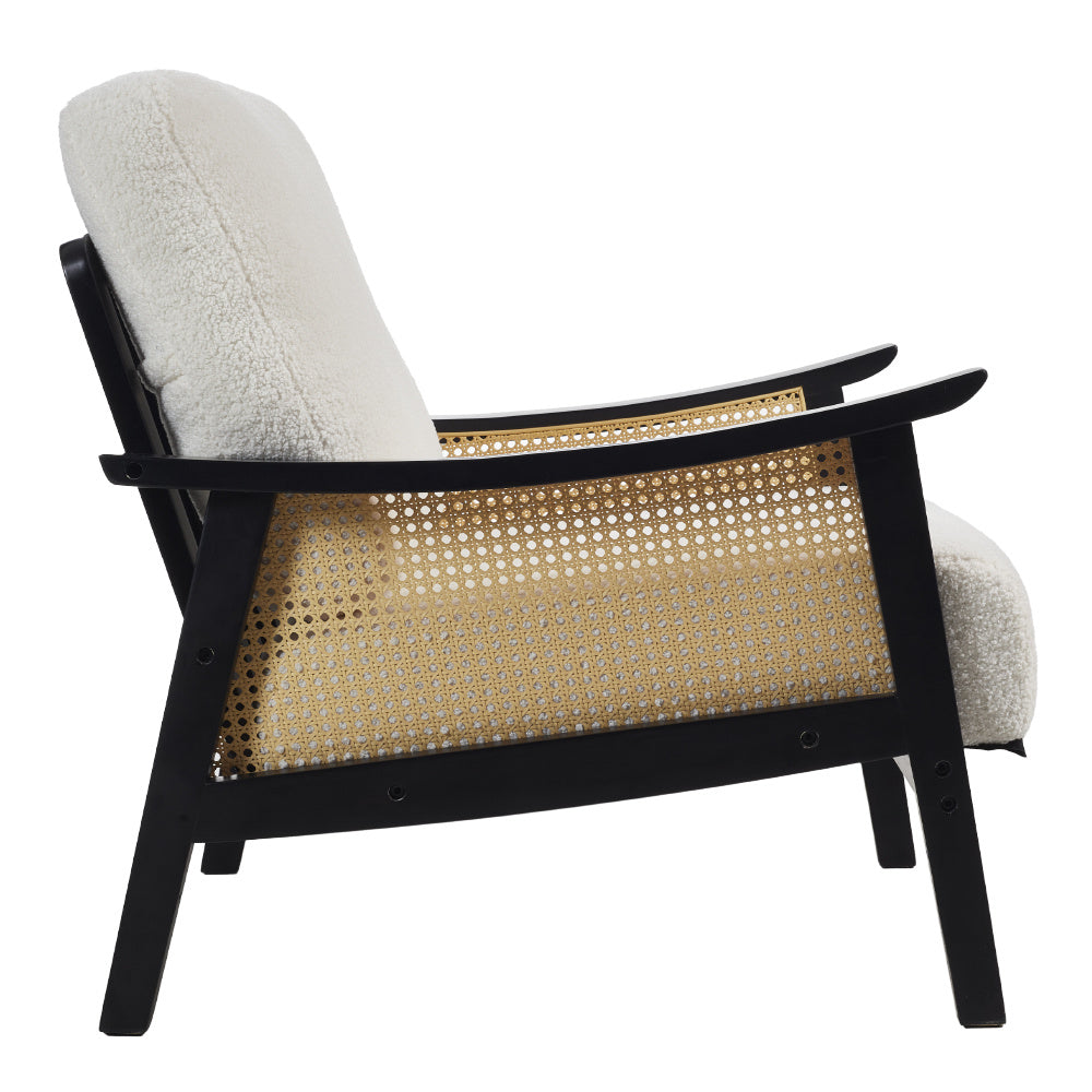 White Single Leisure Sofa, Rattan Decorative Armrest Upholstered Boucle Fabric Wingback Armchair with Padded Seat for Living Room Lounge Sofa Meeting Visitor Chair Cozy Chair for Bedroom Home Office House Of Avana
