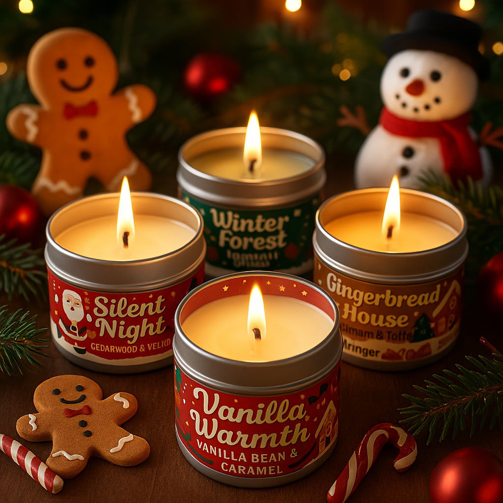 Holiday Scented Candle Gift Set – 4 Christmas Scents in Tin Jars (Vanilla, Gingerbread, Fir, Cedar) – Festive Candles for Home Décor, Winter Parties & Stocking Stuffers, Holiday Decor, Festive Ambiance, Cozy Winter Scent House Of Avana
