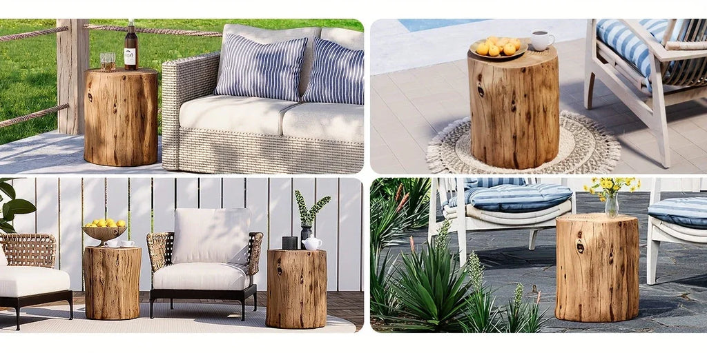 All-Weather Outdoor Stump Side Table - Multi-Functional Brown Faux Wood Accent Table with Concrete Top & Artificial Wood Base, 220lb Weight Capacity, Lightweight & Sturdy Modern Farmhouse Design for Patio, Porch, Balcony, Liv House Of Avana