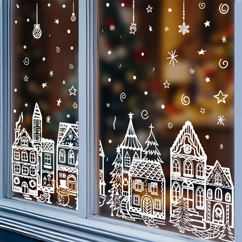 4 Sheets Christmas Window Stickers - Snowhouse & Snowflake Designs, Reusable Plastic Holiday Decorations for Glass Surfaces, Semi-Matte Finish, Perfect for Festive Party Decor, Christmas Decorations, Christmas Window Cling, C House Of Avana