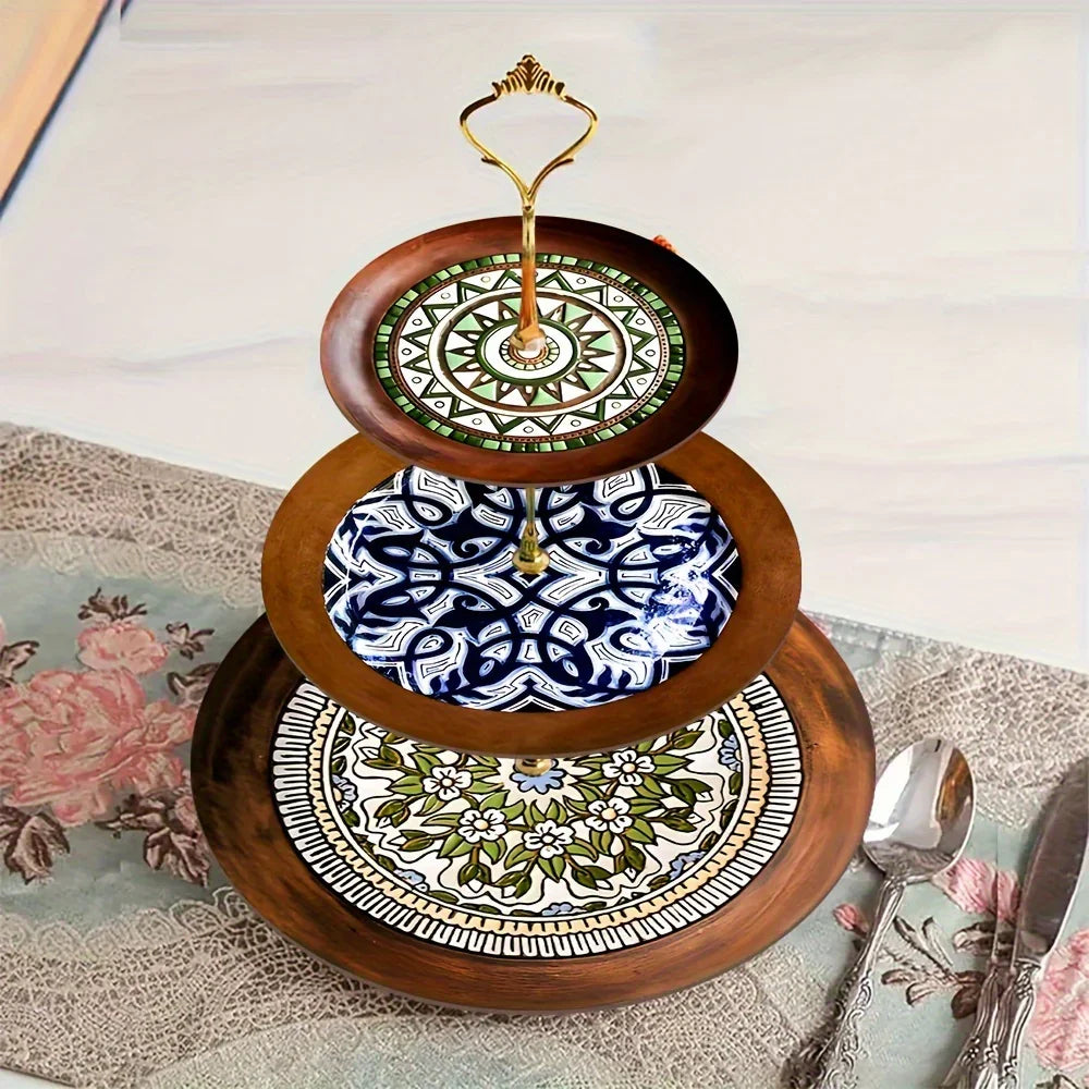Wood Display Stand - 3-Tier Floral Pattern