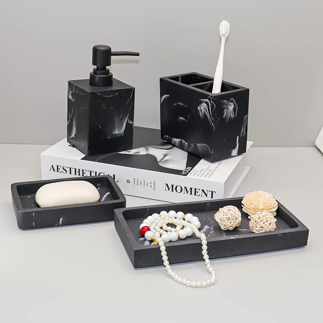S Bathroom Set: Soap Dispenser, Toothbrush Holder, Soap Dish, Storage Tray – Black Design, Suitable for... - House Of Avana