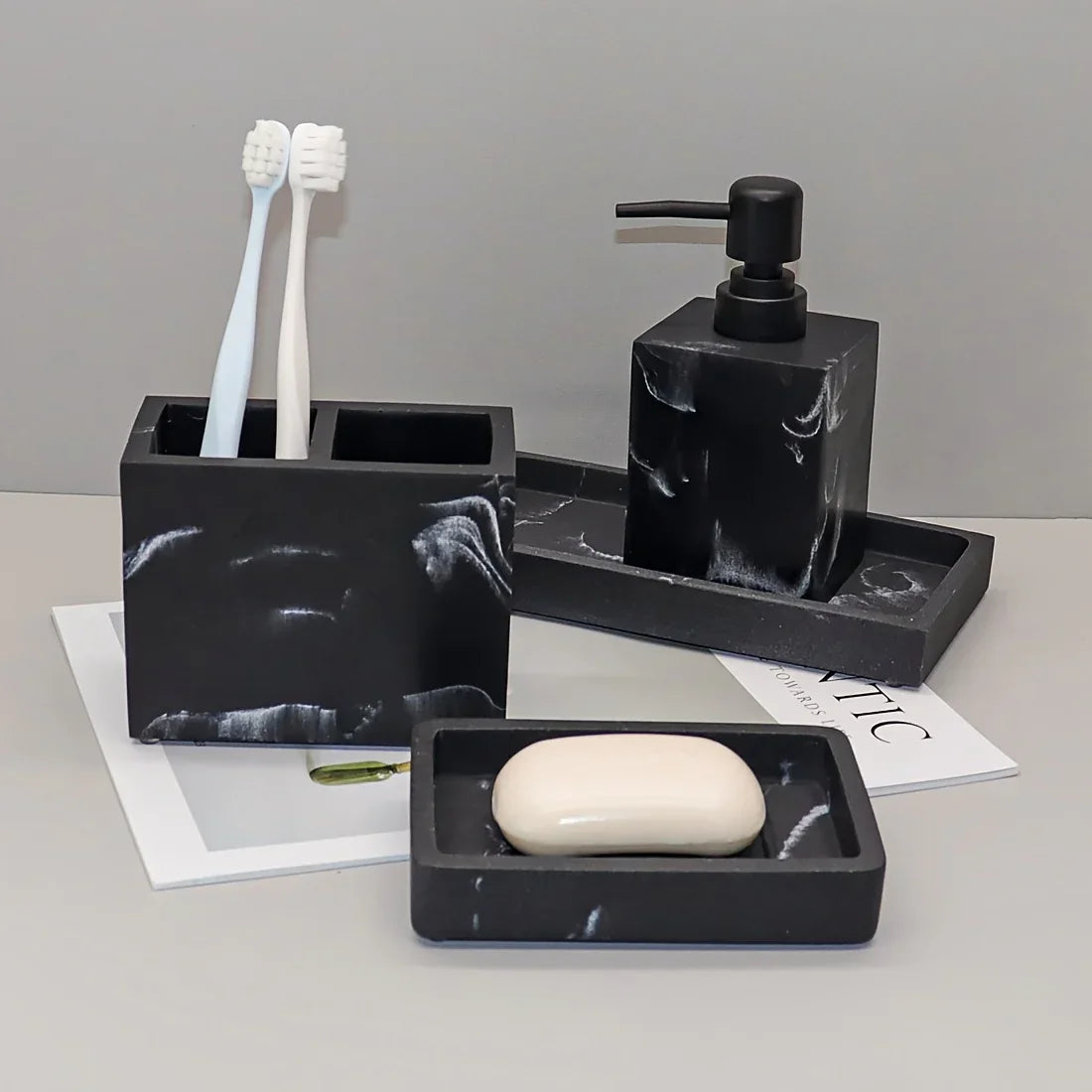 S Bathroom Set: Soap Dispenser, Toothbrush Holder, Soap Dish, Storage Tray – Black Design, Suitable for... - House Of Avana