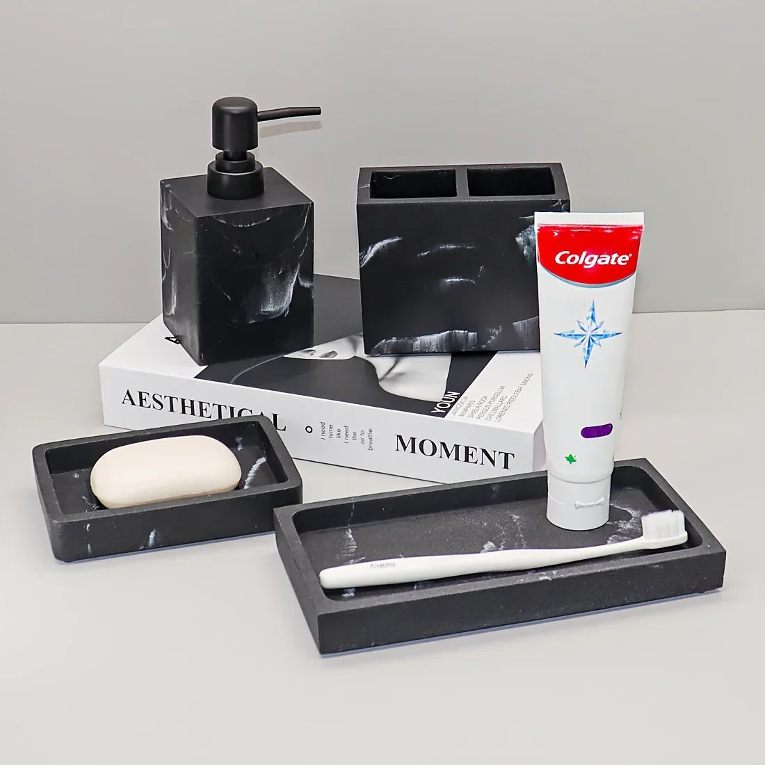 S Bathroom Set: Soap Dispenser, Toothbrush Holder, Soap Dish, Storage Tray – Black Design, Suitable for... - House Of Avana