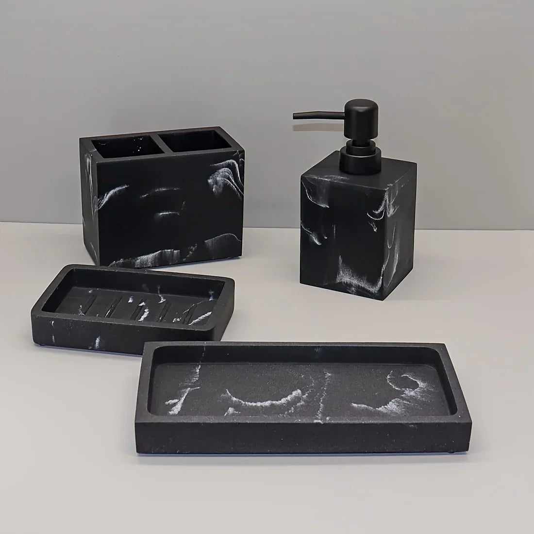 S Bathroom Set: Soap Dispenser, Toothbrush Holder, Soap Dish, Storage Tray – Black Design, Suitable for... - House Of Avana