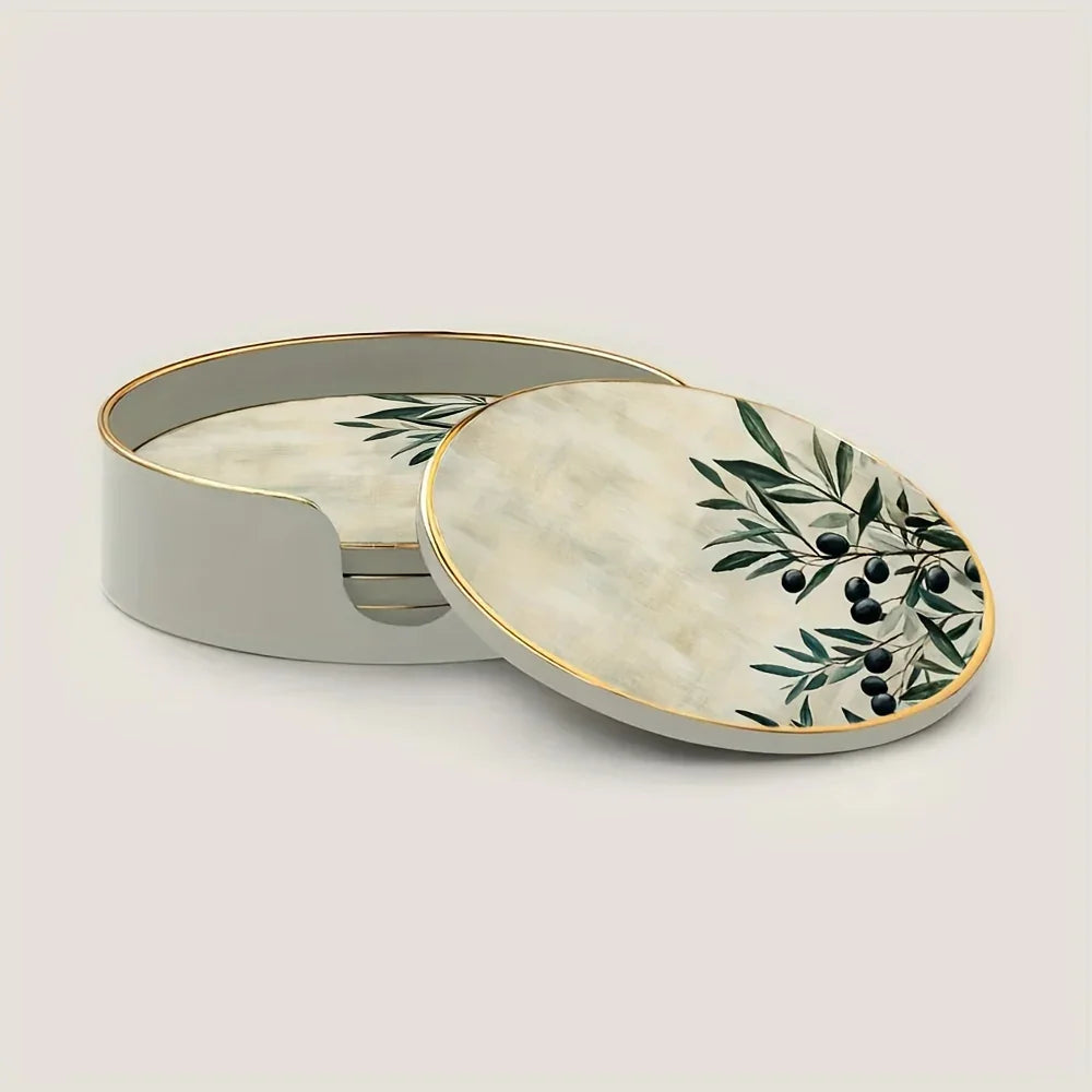 S Elegant Glass Coasters with Olive Design - Heat-resistant, Waterproof, Ideal for Home, Office, Cafe,... - House Of Avana