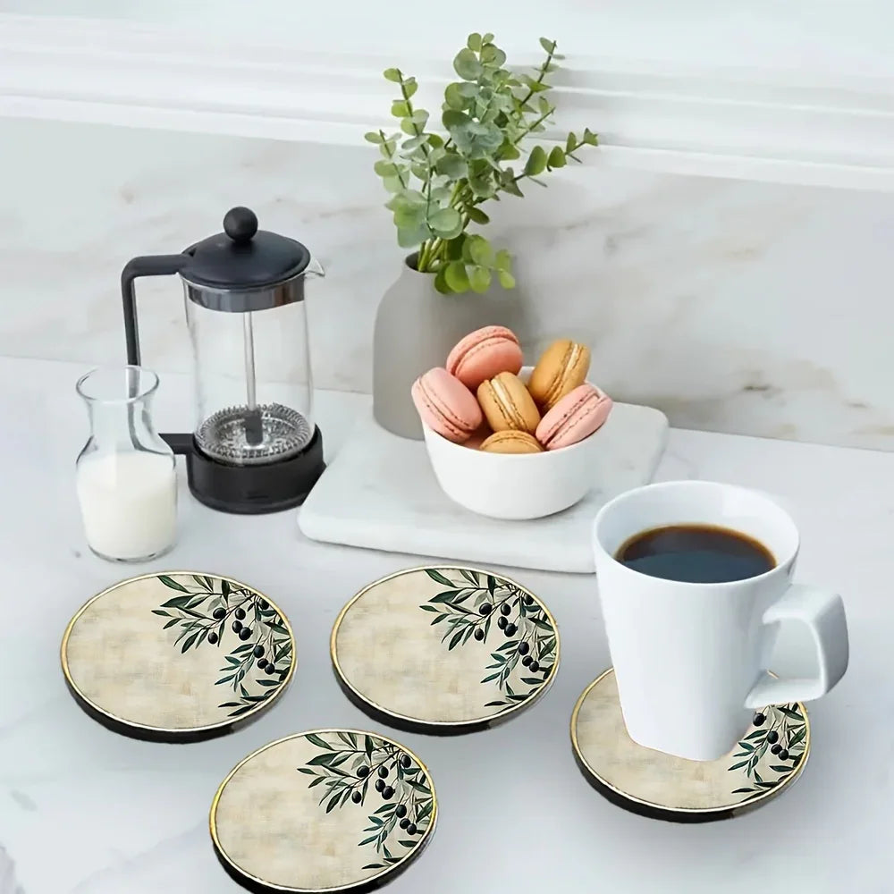S Elegant Glass Coasters with Olive Design - Heat-resistant, Waterproof, Ideal for Home, Office, Cafe,... - House Of Avana