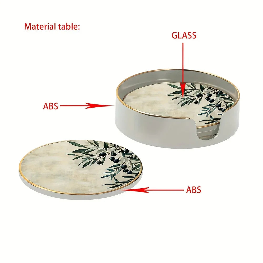 S Elegant Glass Coasters with Olive Design - Heat-resistant, Waterproof, Ideal for Home, Office, Cafe,... - House Of Avana