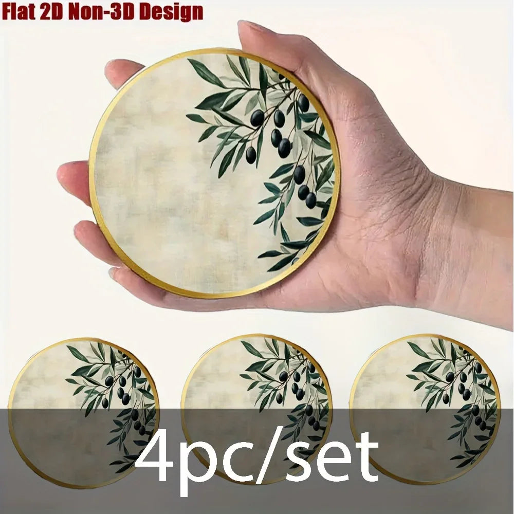 S Elegant Glass Coasters with Olive Design - Heat-resistant, Waterproof, Ideal for Home, Office, Cafe,... - House Of Avana [[SKU:HOA-TBL-400]]