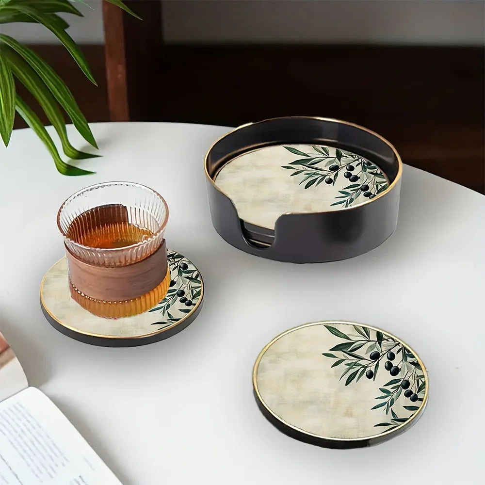S Elegant Glass Coasters with Olive Design - Heat-resistant, Waterproof, Ideal for Home, Office, Cafe,... - House Of Avana [[SKU:HOA-TBL-400]]