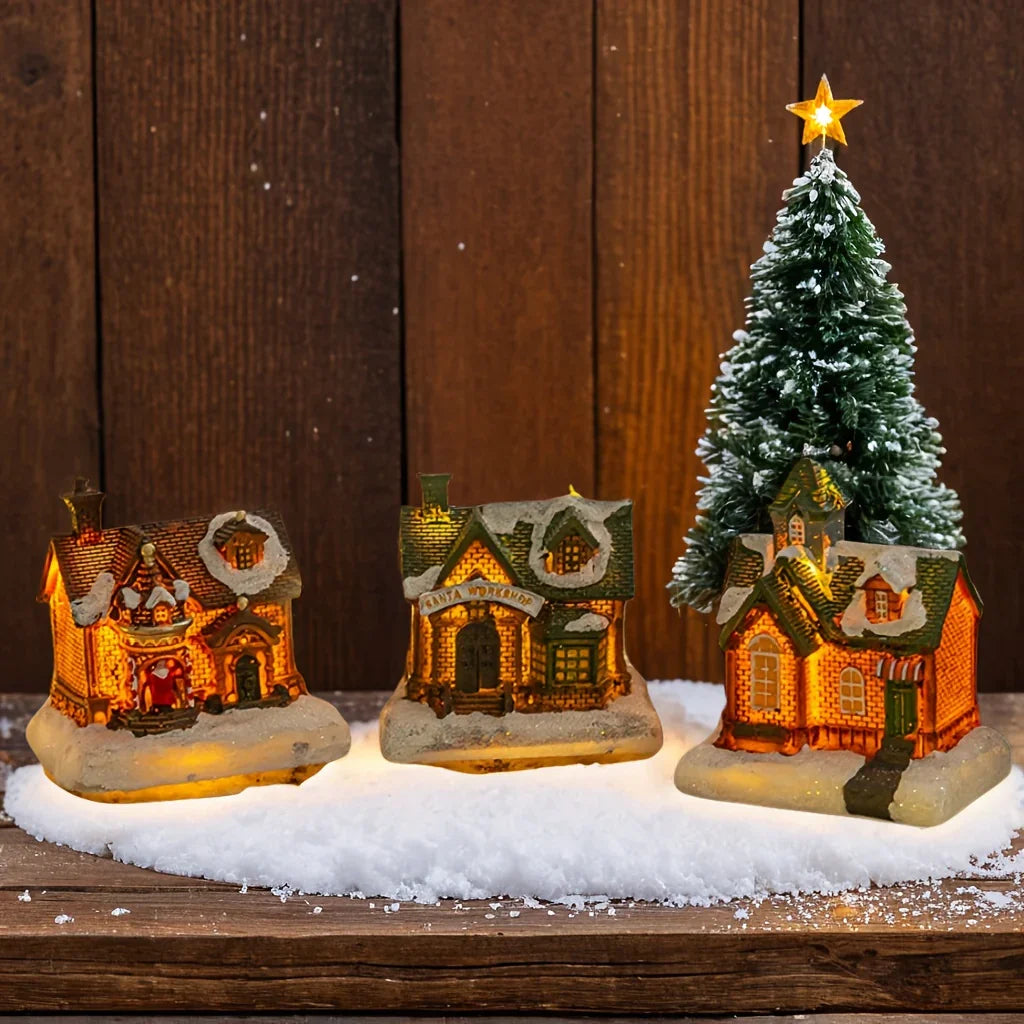 4pcs of Christmas Decorations Resin Small House Micro Landscape Christmas Creative Luminous Small House New Year Gifts Christmas Gifts Desktop Decoration Small Ornaments The Best Gift for Friends And Family House Of Avana