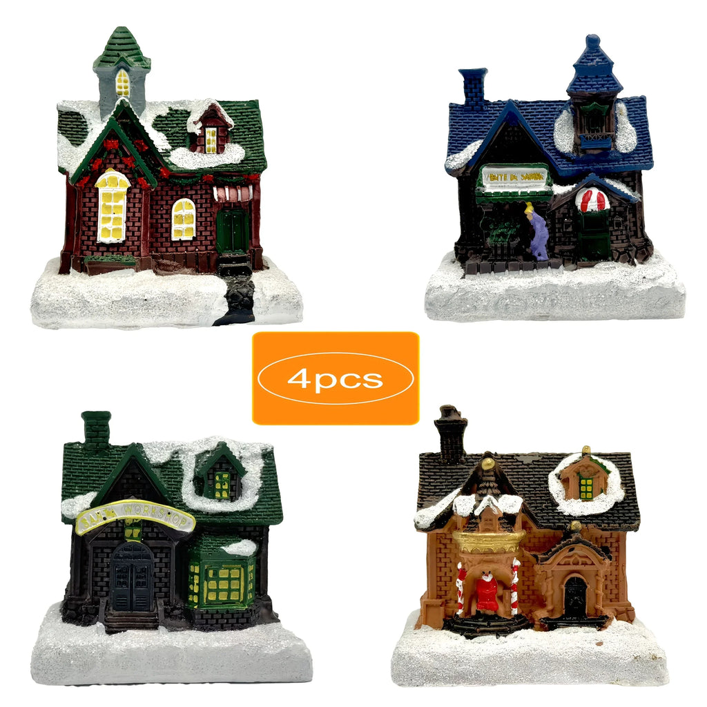 4pcs of Christmas Decorations Resin Small House Micro Landscape Christmas Creative Luminous Small House New Year Gifts Christmas Gifts Desktop Decoration Small Ornaments The Best Gift for Friends And Family House Of Avana