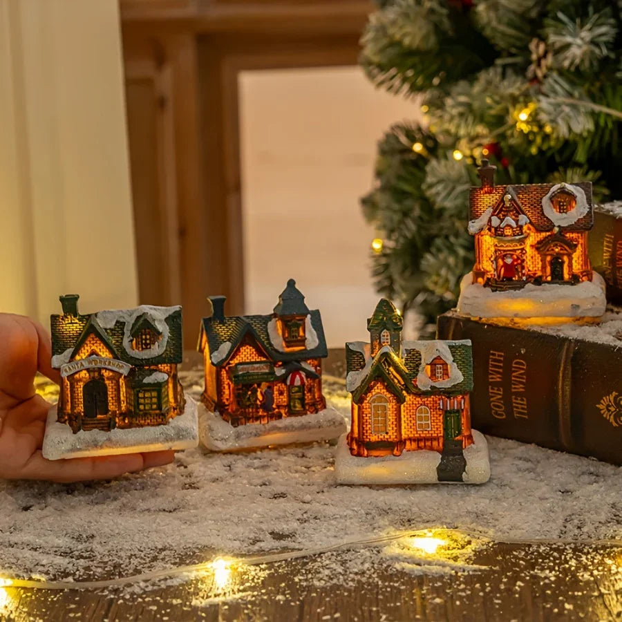 4pcs of Christmas Decorations Resin Small House Micro Landscape Christmas Creative Luminous Small House New Year Gifts Christmas Gifts Desktop Decoration Small Ornaments The Best Gift for Friends And Family House Of Avana