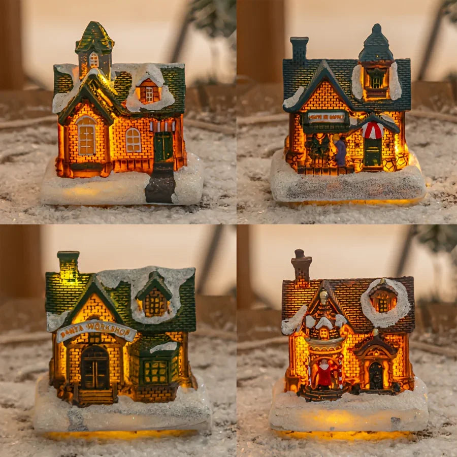 4pcs of Christmas Decorations Resin Small House Micro Landscape Christmas Creative Luminous Small House New Year Gifts Christmas Gifts Desktop Decoration Small Ornaments The Best Gift for Friends And Family House Of Avana