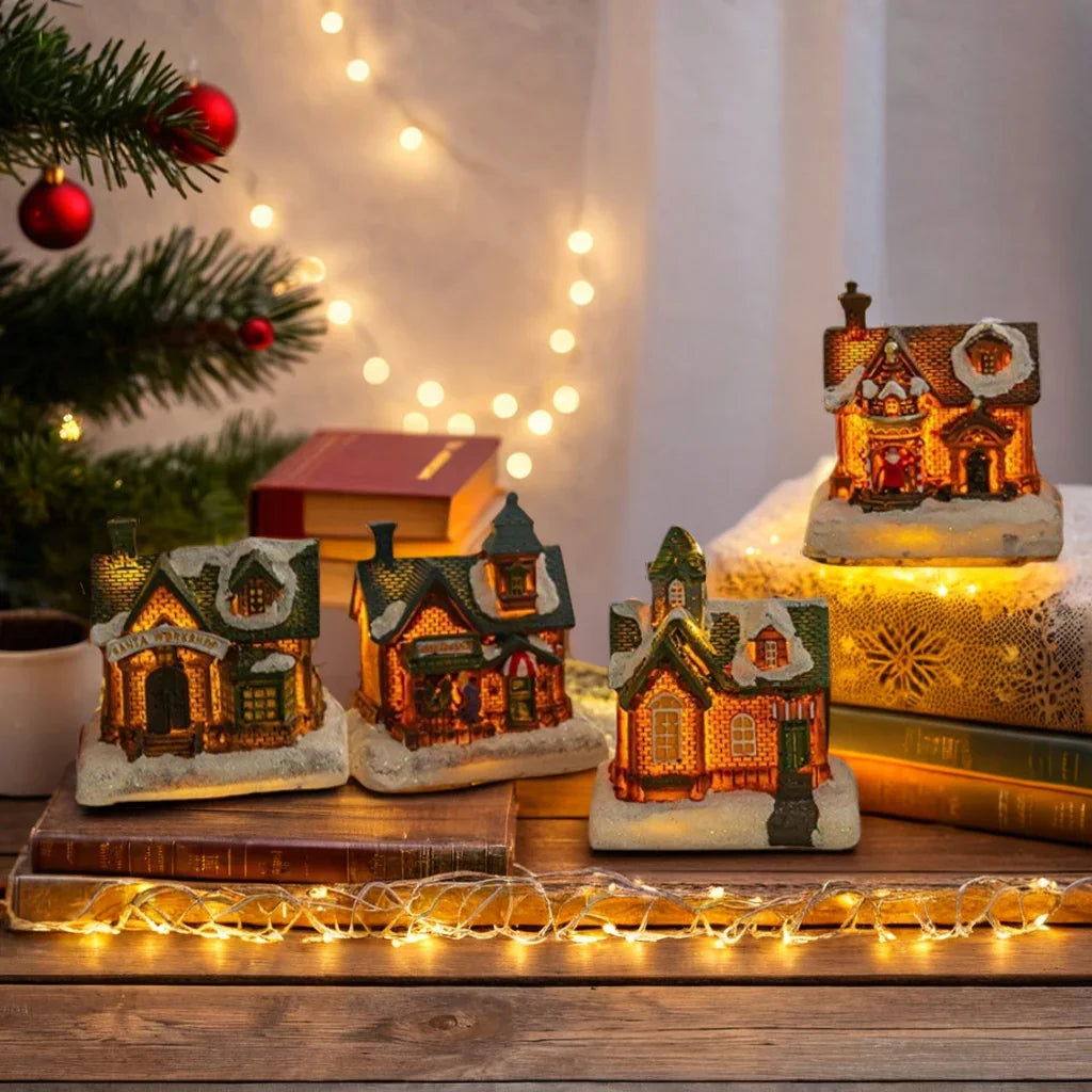 4pcs of Christmas Decorations Resin Small House Micro Landscape Christmas Creative Luminous Small House New Year Gifts Christmas Gifts Desktop Decoration Small Ornaments The Best Gift for Friends And Family House Of Avana