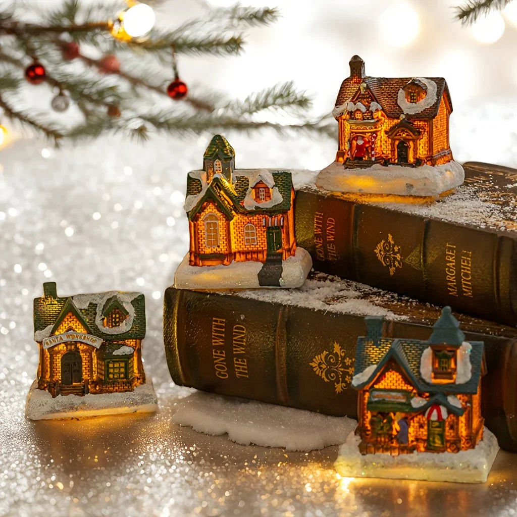 4pcs of Christmas Decorations Resin Small House Micro Landscape Christmas Creative Luminous Small House New Year Gifts Christmas Gifts Desktop Decoration Small Ornaments The Best Gift for Friends And Family House Of Avana