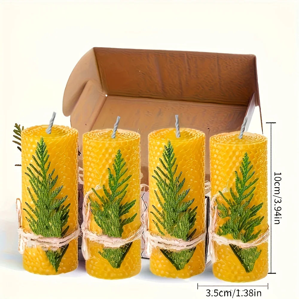 4pcs Purple/Blue/Red/Yellow Beeswax Candles in Gift Box - Oval Single-Wick Honey Scented Candles with Dried Flowers, Ideal for Christmas, Halloween, Easter, Hanukkah, Thanksgiving Table Decor & Night Lighting, Candle Holder D House Of Avana