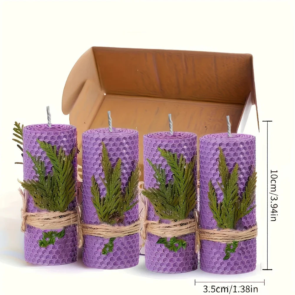 4pcs Purple/Blue/Red/Yellow Beeswax Candles in Gift Box - Oval Single-Wick Honey Scented Candles with Dried Flowers, Ideal for Christmas, Halloween, Easter, Hanukkah, Thanksgiving Table Decor & Night Lighting, Candle Holder D House Of Avana