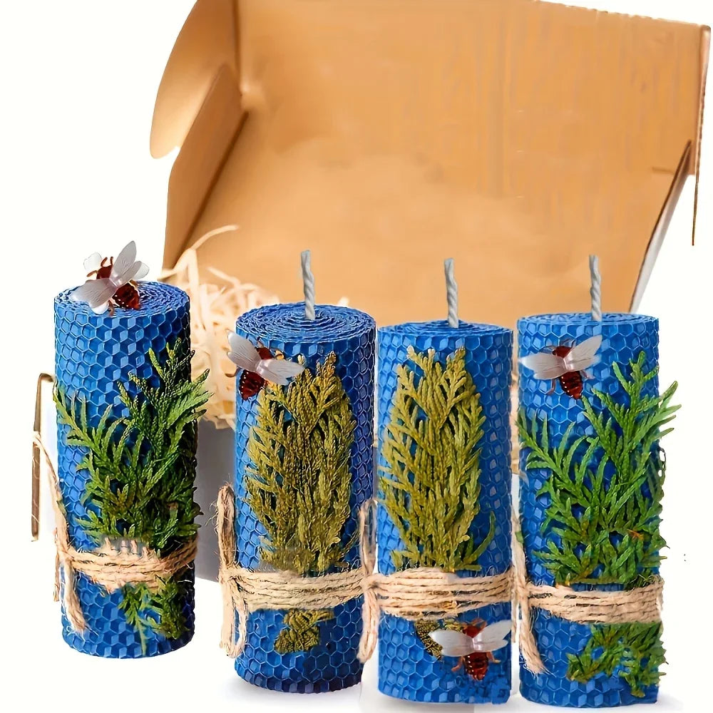 4pcs Purple/Blue/Red/Yellow Beeswax Candles in Gift Box - Oval Single-Wick Honey Scented Candles with Dried Flowers, Ideal for Christmas, Halloween, Easter, Hanukkah, Thanksgiving Table Decor & Night Lighting, Candle Holder D House Of Avana