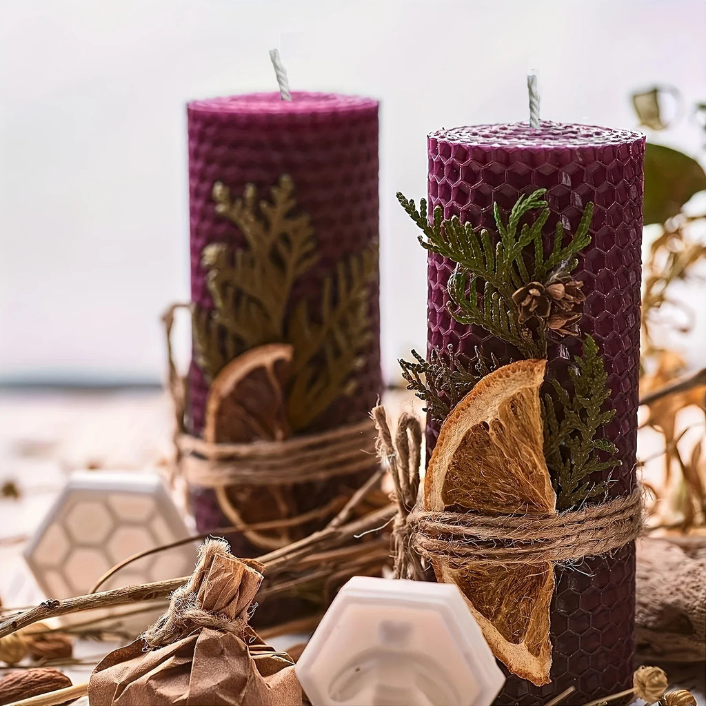 4pcs Purple/Blue/Red/Yellow Beeswax Candles in Gift Box - Oval Single-Wick Honey Scented Candles with Dried Flowers, Ideal for Christmas, Halloween, Easter, Hanukkah, Thanksgiving Table Decor & Night Lighting, Candle Holder D House Of Avana