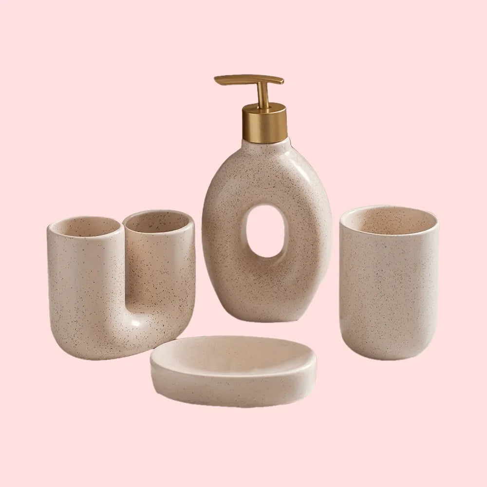 4pcs Set, Ceramic Bathroom Set, U-Shaped Toothbrush Holder, Mouthwash Cup, Soap Dish, Hand Wash Dispenser, Suitable for Gifting, Bathroom Decoration House Of Avana