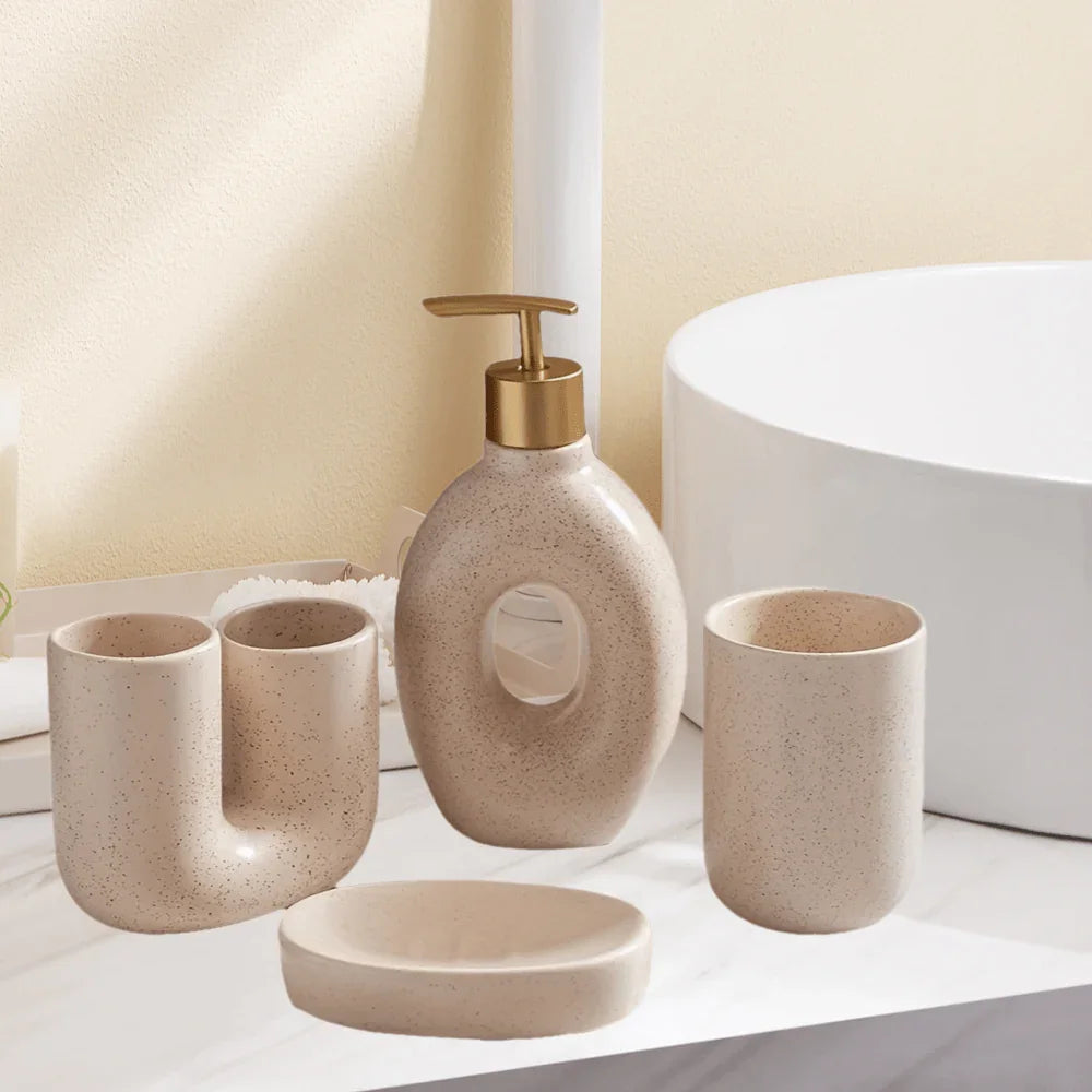 4pcs Set, Ceramic Bathroom Set, U-Shaped Toothbrush Holder, Mouthwash Cup, Soap Dish, Hand Wash Dispenser, Suitable for Gifting, Bathroom Decoration House Of Avana
