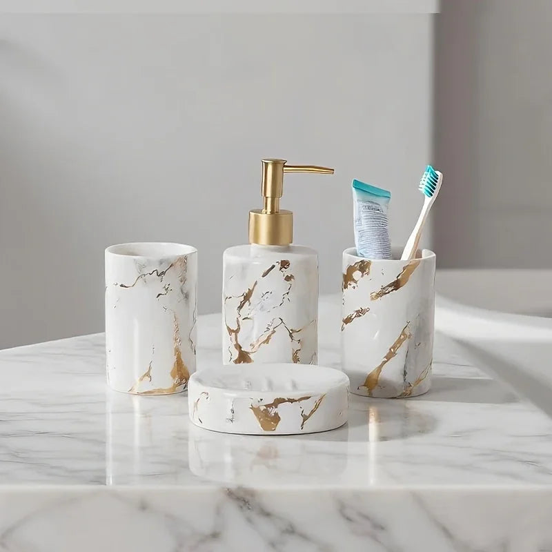 S Set of Marble Pattern, Ceramic Bathroom Toiletry Set, Mouthwash Cup, Toothbrush Cup, Lotion Bottle,... - House Of Avana [[SKU:HOA-TUM-003]]